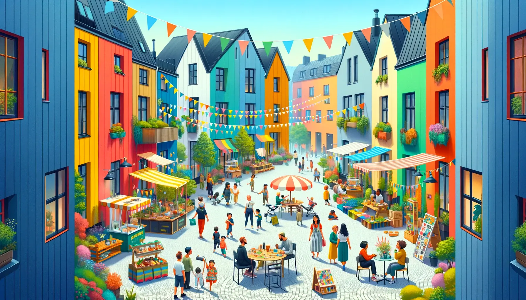 Illustration av Den Lyckliga Staden – en levande stadsgata full av människor